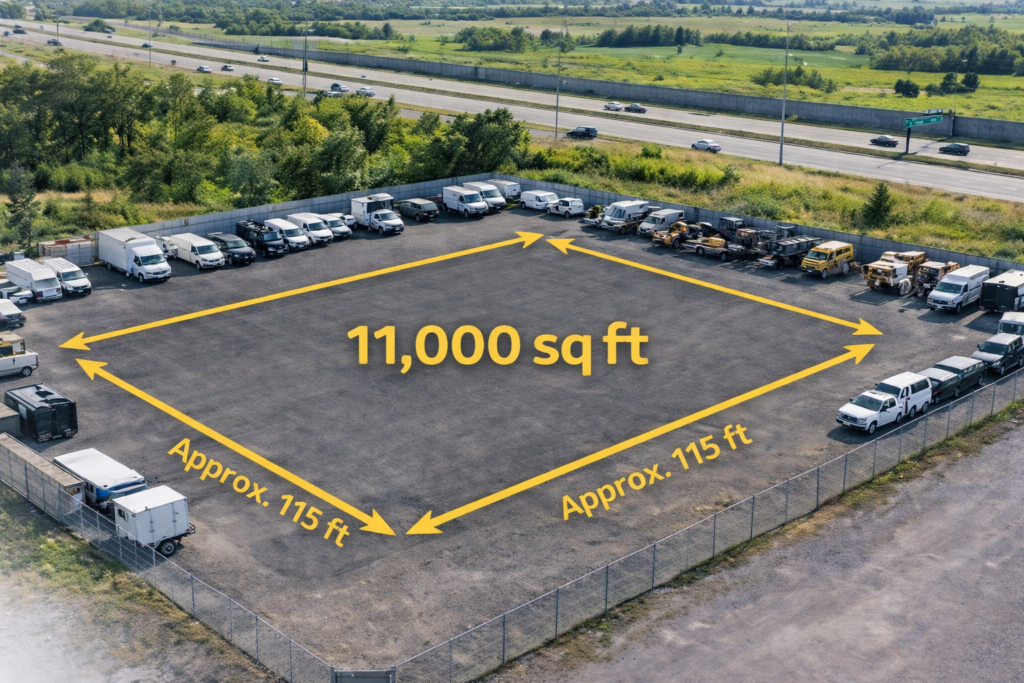 paved lot with parked vehicles and equipment